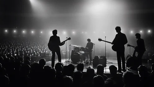 Silhouette rock band commands stage before vast crowd.