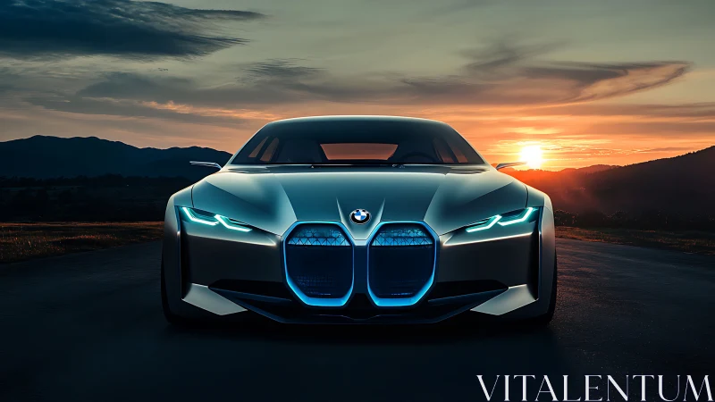 Electric concept coupe glows against vivid sunset horizon.