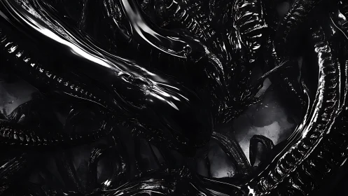 3D biomechanical xenomorph tangle in high-gloss noir render.