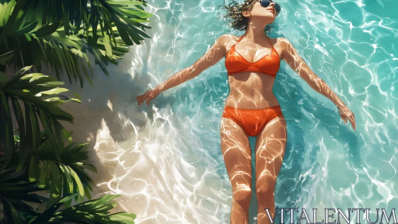 Sunlit beach day with relaxed woman drifting in clear waves.