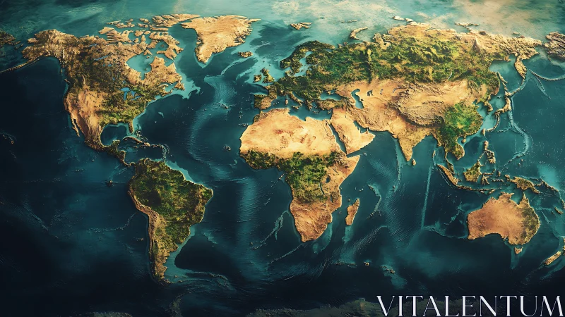 Detailed world map with continents over textured oceans.