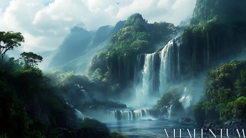 Lush jungle waterfalls cascade into misty turquoise basin