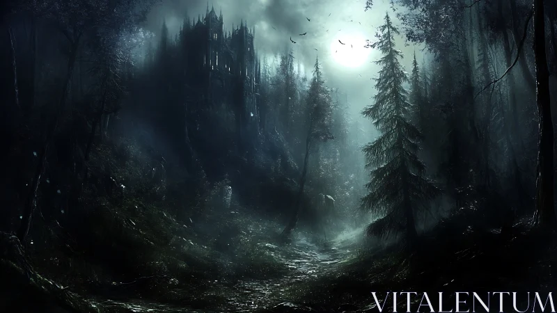 Gothic castle emerges through misty forest realm.