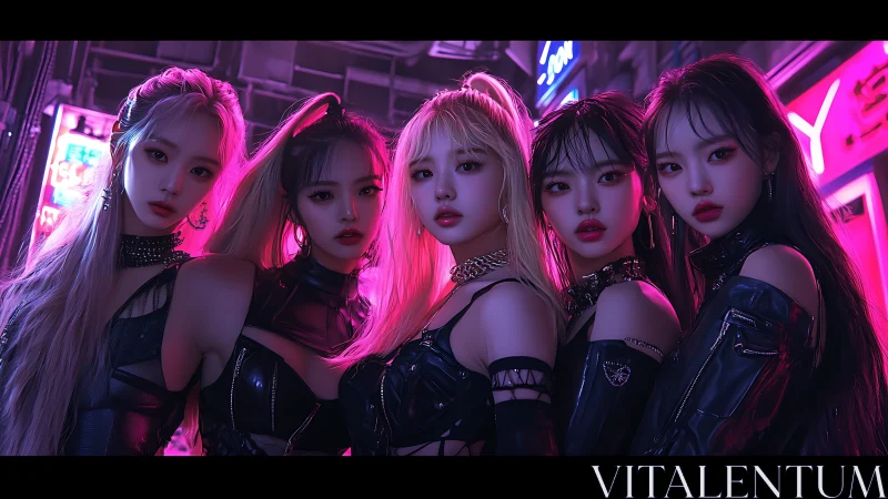 Five women in cyberpunk streetwear under neon city lights.