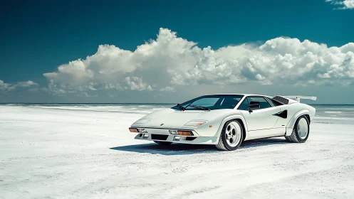 Retro white supercar stands poised on a sunlit salt flat