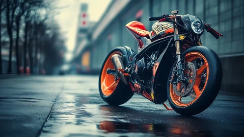 Bold custom motorcycle resting on a rain-washed city street.