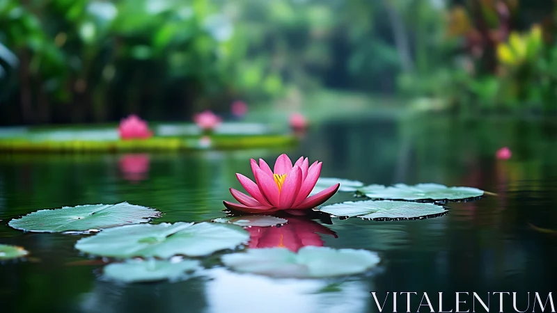 Pink water lily on reflective pond with soft green backdrop.
