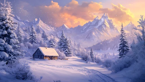 Snow cabin nestles below glowing alpine sunset peaks.