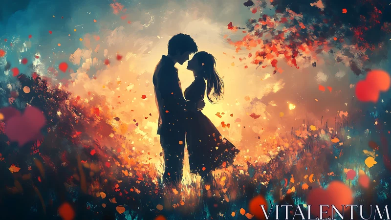 Silhouetted Couple Embraced Within Explosive Chromatic Particle Field.