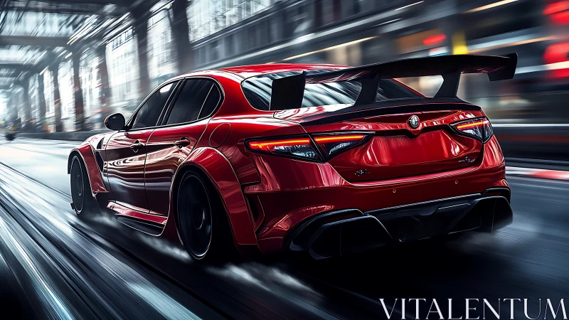 Red racing sedan blazing through futuristic city tunnel.