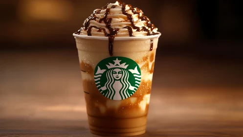 Iced caramel coffee drink glows on a warm wooden tabletop