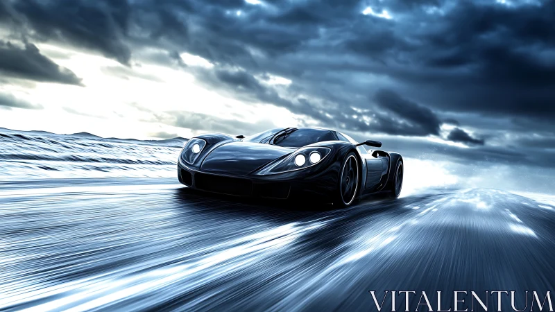 Night storm supercar glides over a wet road with power