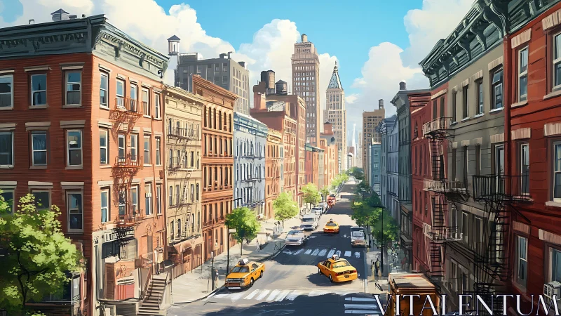 Colorful city street with taxis and historic brick buildings.