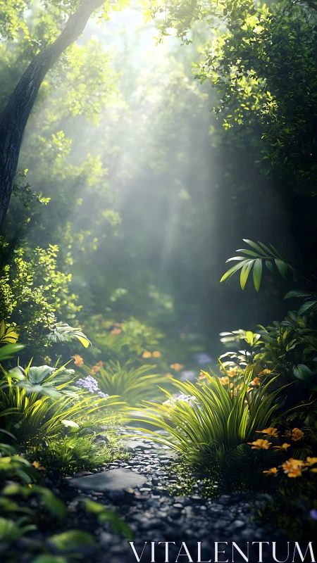 Misty Forest Stream with Golden Sunlight Filtering Through Canopy.