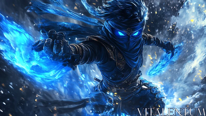 Stormborn shadow ninja wielding electric sapphire flame.