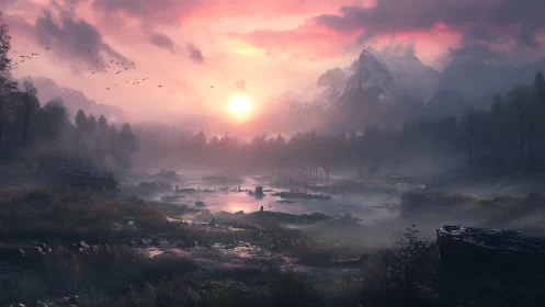 Mist valley sunrise bathes mountains in rose light.