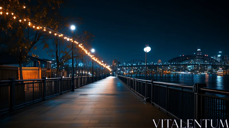 Lakeside promenade under string lights and city bridge at night.
