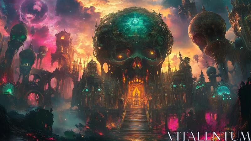 Skull-shaped citadel within luminous alien metropolis.