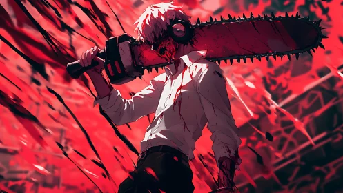 Chainsaw-headed humanoid in blood-splattered red scene.