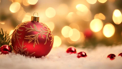 Macro shot of matte red bauble with glitter pattern in bokeh field
