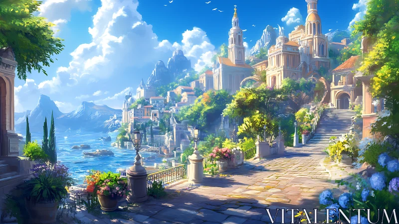 Sunlit coastal terrace overlooks neoclassical cliffside cityscape