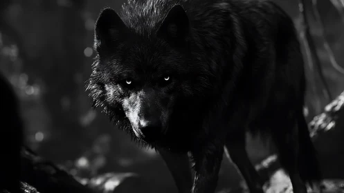 Black wolf emerges from shadows with piercing bright eyes.