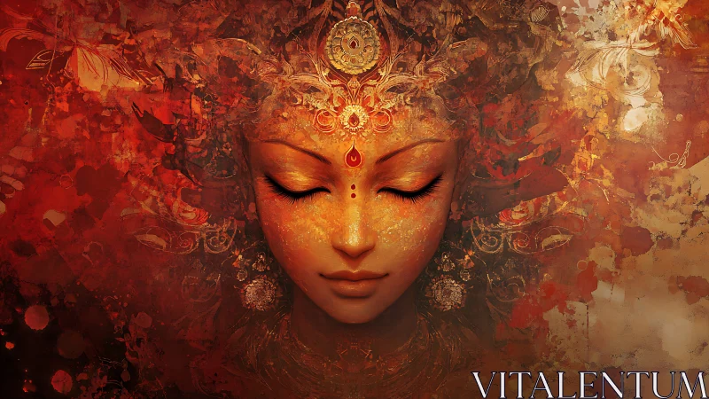 Central female visage amid ornate abstract red patterns.