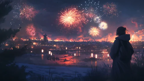 Solitary figure viewing riverside city fireworks at night.