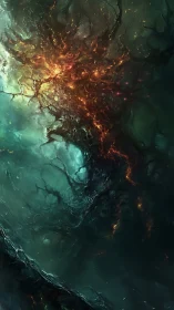 Cosmic nebula vortex with fiery fractal energy streams.