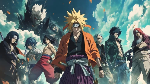 Storm-lit shinobi ensemble with spectral colossus looming overhead.