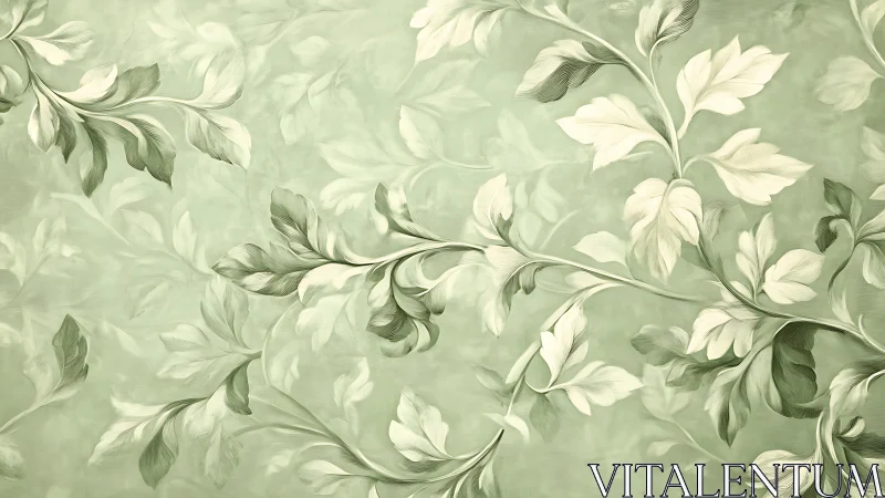 Soft green leaf pattern flows across tranquil vintage wallpaper