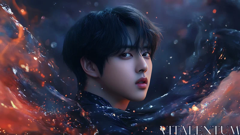 Starlit gaze amid swirling embers and midnight waterstorm.