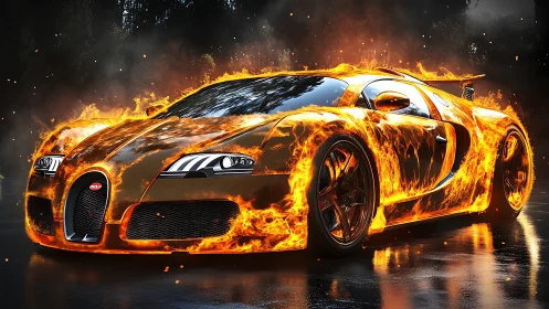 Hyperreal supercar engulfed in dynamic photoreal fire