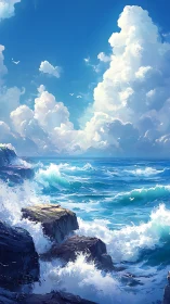 Storm-tossed cobalt sea with crashing surf and cumulus towers