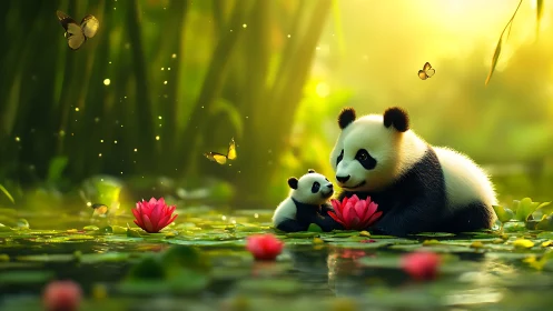 Panda mother teaches lotus magic beside a lantern-bright pond