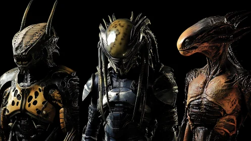 Triad of biomechanical alien hunters in stark portrait lineup.