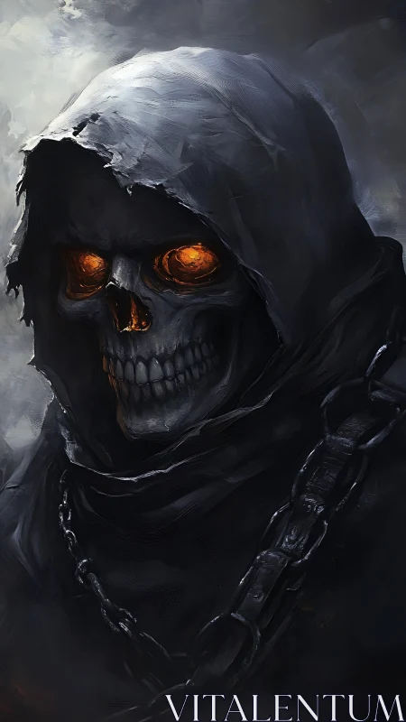 Hooded flaming skull portrait in dark digital painting style.