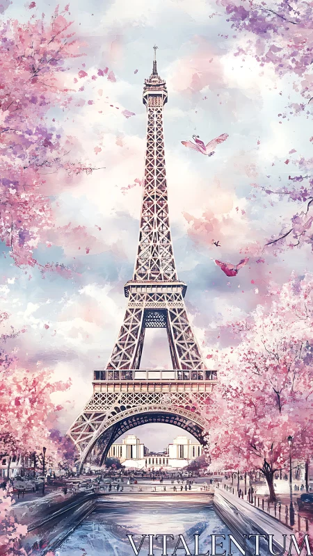 Eiffel Tower framed by pink blossoming trees in spring.