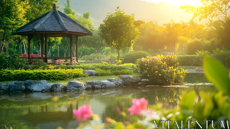 Wooden garden gazebo beside pond in soft sunset light.