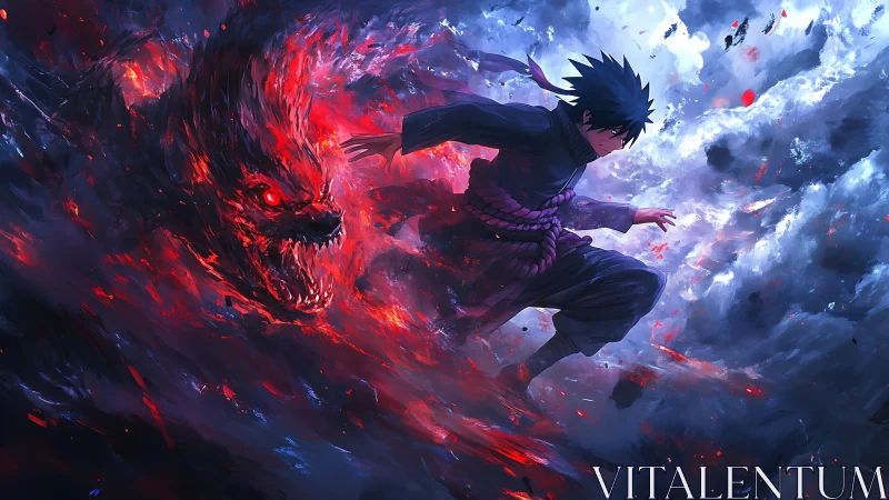 Dark warrior outruns blazing demon through storm clouds