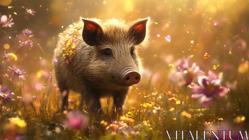 Gentle woodland boar wandering through golden wildflowers.