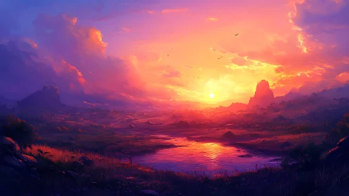 Vibrant digital sunset over distant hills and lakescape.