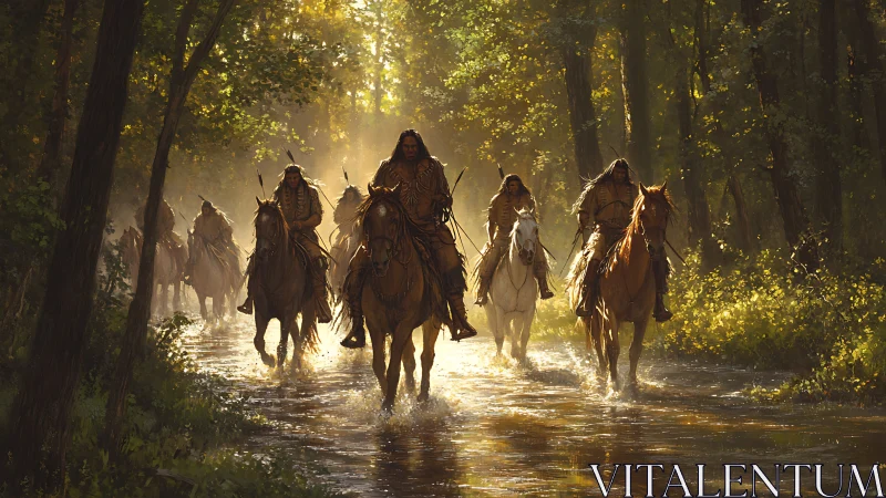 Horseback riders move through shallow forest stream at dawn