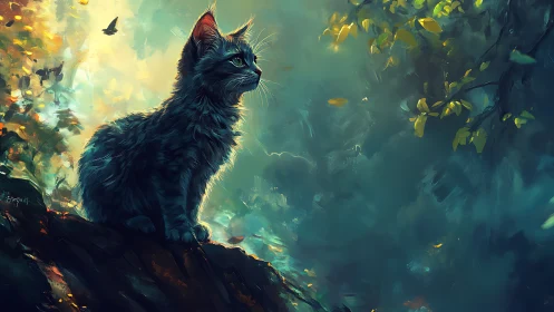 Black Cat on Stone Ridge in Mystical Forest Setting.