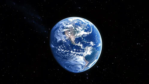 Blue planet drifts like a bright marble through velvet night