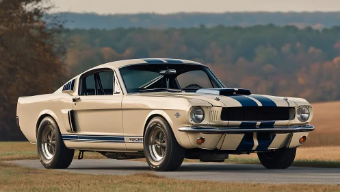 Classic Shelby Mustang on rural road under autumn light.