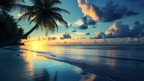 Golden tropical sunset glows over calm reflective shoreline