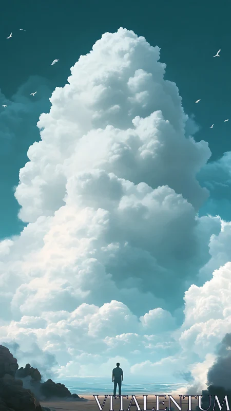 Solitary figure stands before towering vertical cloud mass