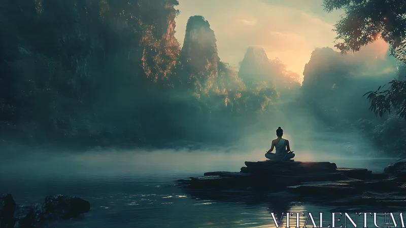 Solitary seated figure beside misted river at sunrise.