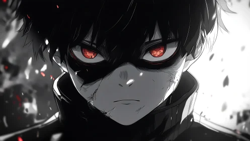 Monochrome anime antihero stares forward with glowing red eyes